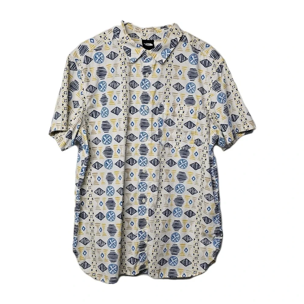 THE NORTH FACE Mens XL Short Sleeve‎ Geometric Print Cotton Button Up Shirt EUC